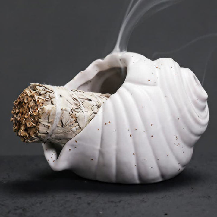 Buddha Stones Brûleurs d'encens en coquillage de conque de purification Shankha en céramique - Blanc - image 7
