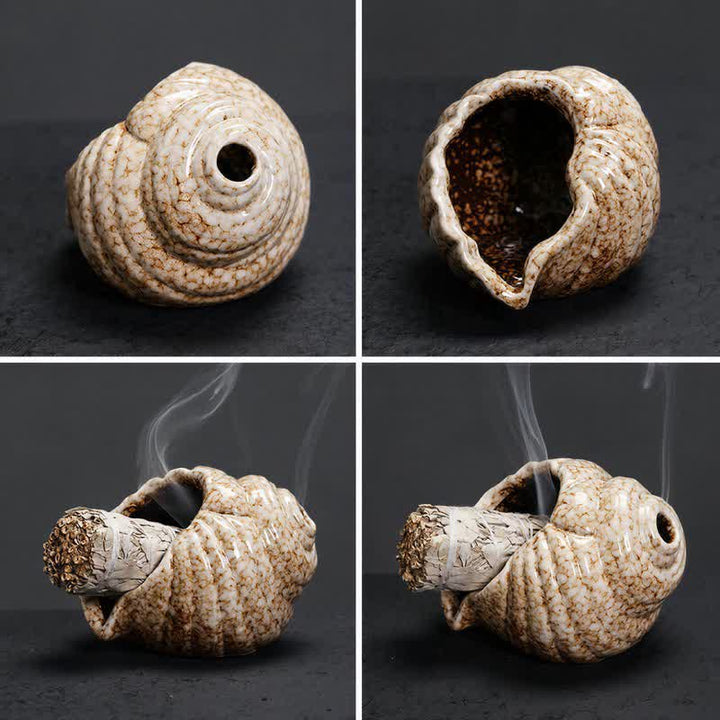 Buddha Stones Brûleurs d'encens en coquillage de conque de purification Shankha en céramique - image 12