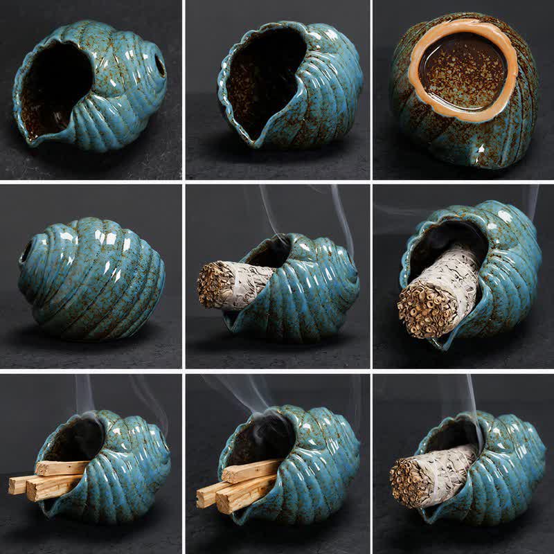 Buddha Stones Brûleurs d'encens en coquillage de conque de purification Shankha en céramique - image 6