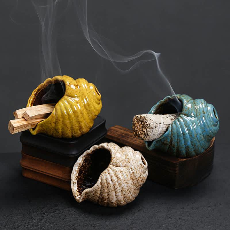 Buddha Stones Brûleurs d'encens en coquillage de conque de purification Shankha en céramique - image 19