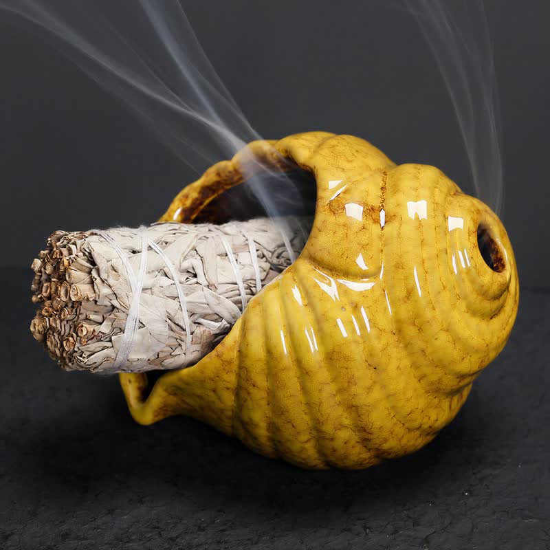 Buddha Stones Brûleurs d'encens en coquillage de conque de purification Shankha en céramique - Jaune - image 13