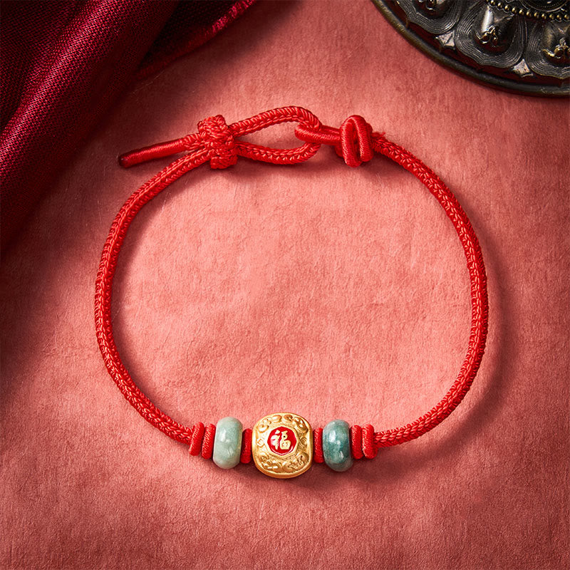 Bracelet porte-bonheur en cuivre avec Buddha Stones, fil rouge et caractère Fu - Rouge - 6,7–7,5 po/17–19 cm - image 1