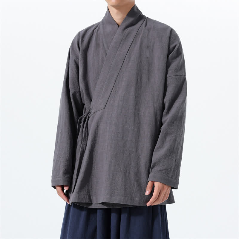 Buddha Stones Kimono homme simple style Tang automne hiver, cordon de serrage, coton uni, poche - Gris sombre - US/UK/AU46，EU56 (5XL) - image 7