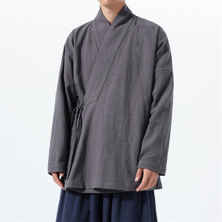 Buddha Stones Kimono homme simple style Tang automne hiver, cordon de serrage, coton uni, poche - Gris sombre - US/UK/AU46，EU56 (5XL) - image 7