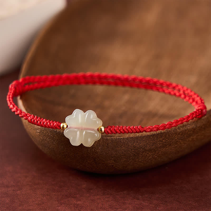 Bracelet porte-bonheur en jade Hetian naturel de Buddha Stones et trèfle à quatre feuilles - Trèfle à quatre feuilles (Tour de poignet : 16-18 cm) - image 0