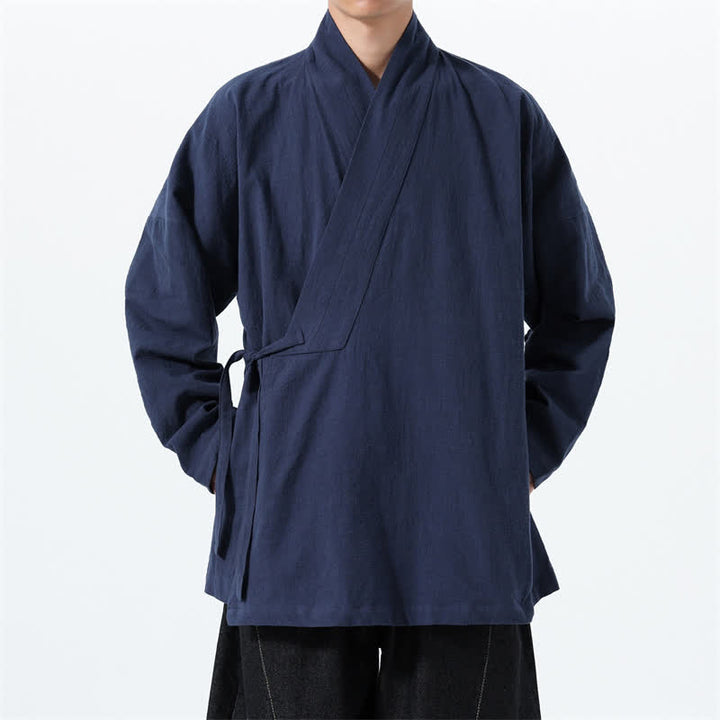 Buddha Stones Kimono homme simple style Tang automne hiver, cordon de serrage, coton uni, poche - Marine - US/UK/AU46，EU56 (5XL) - image 0