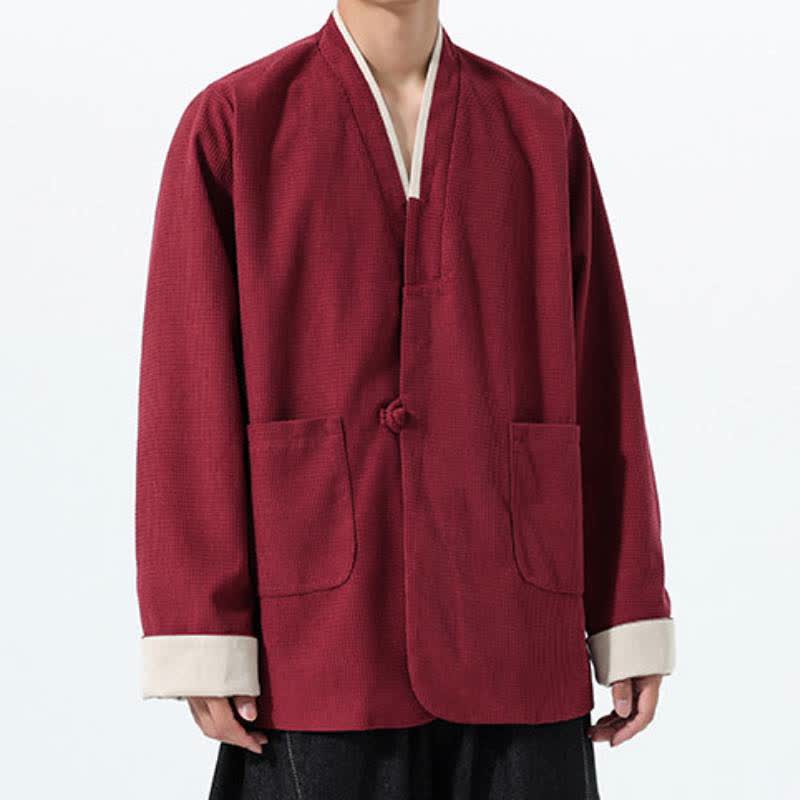 Buddha Stones Veste homme unie à col en V, style Tang, décontractée d'automne, avec poches - image 2