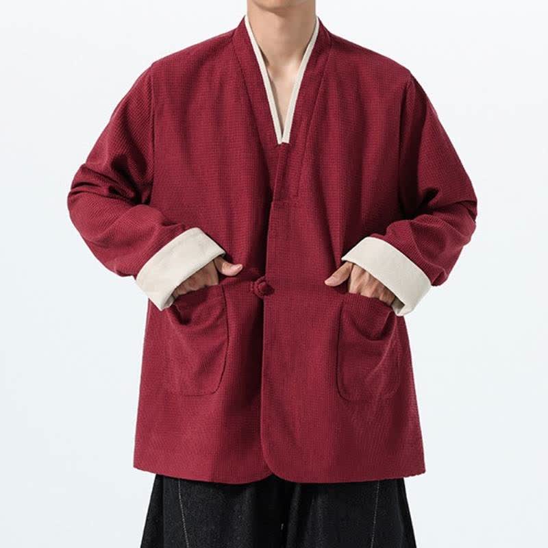 Buddha Stones Veste homme unie à col en V, style Tang, décontractée d'automne, avec poches - image 1