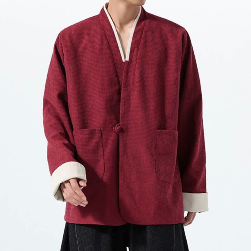 Buddha Stones Veste homme unie à col en V, style Tang, décontractée d'automne, avec poches - image 4