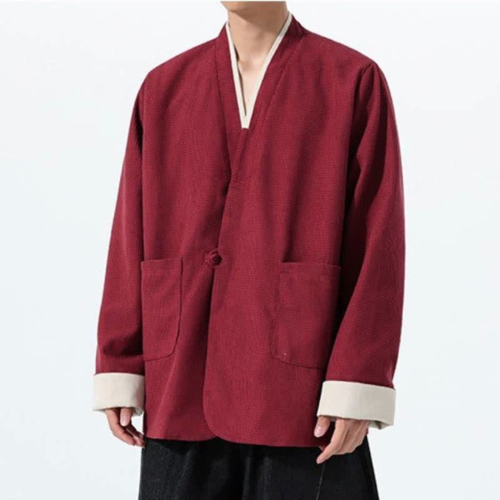 Buddha Stones Veste homme unie à col en V, style Tang, décontractée d'automne, avec poches - image 3