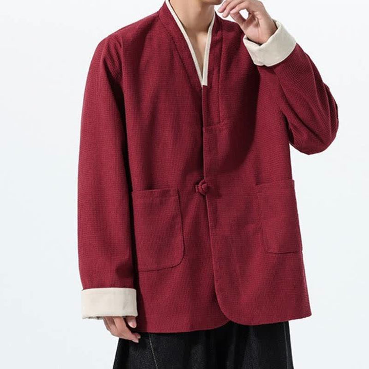 Buddha Stones Veste homme unie à col en V, style Tang, décontractée d'automne, avec poches - image 5
