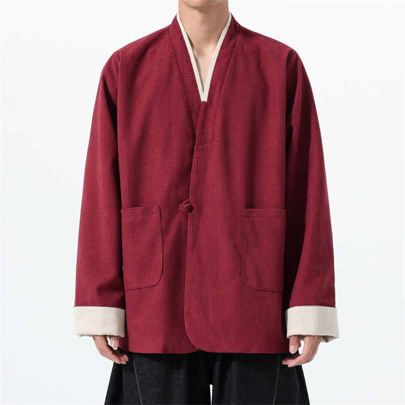Buddha Stones Veste homme unie à col en V, style Tang, décontractée d'automne, avec poches - Bordeaux - US/UK/AU46，EU56 (5XL) - image 0