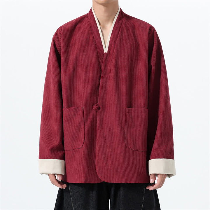 Buddha Stones Veste homme unie à col en V, style Tang, décontractée d'automne, avec poches - Bordeaux - US/UK/AU46，EU56 (5XL) - image 0