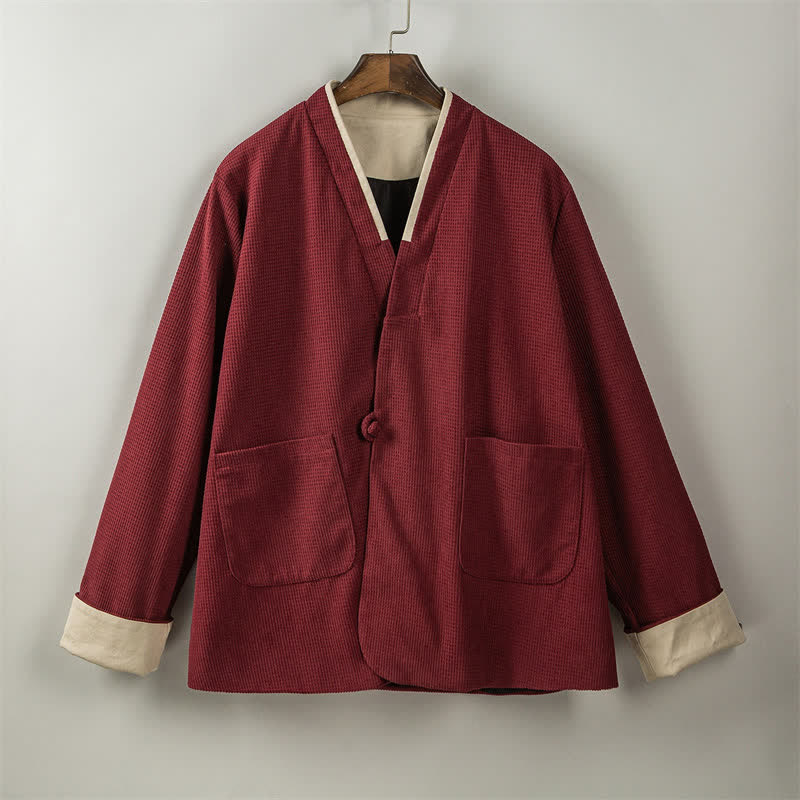 Buddha Stones Veste homme unie à col en V, style Tang, décontractée d'automne, avec poches - image 7