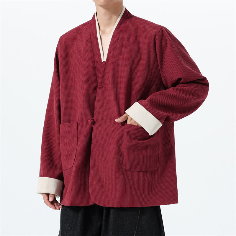 Buddha Stones Veste homme unie à col en V, style Tang, décontractée d'automne, avec poches - image 6
