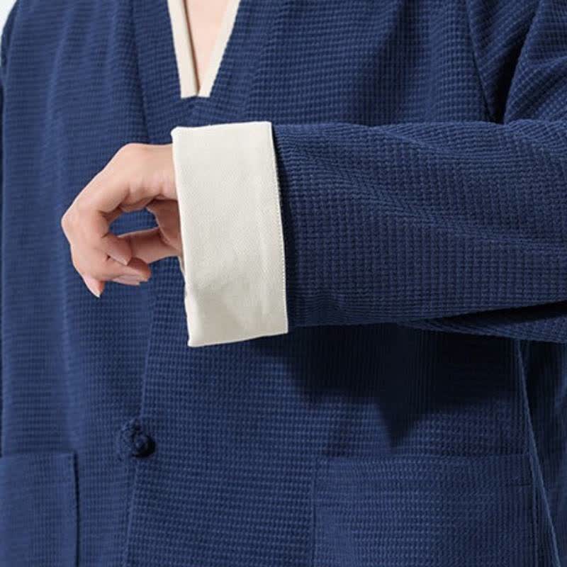 Buddha Stones Veste homme unie à col en V, style Tang, décontractée d'automne, avec poches - image 17