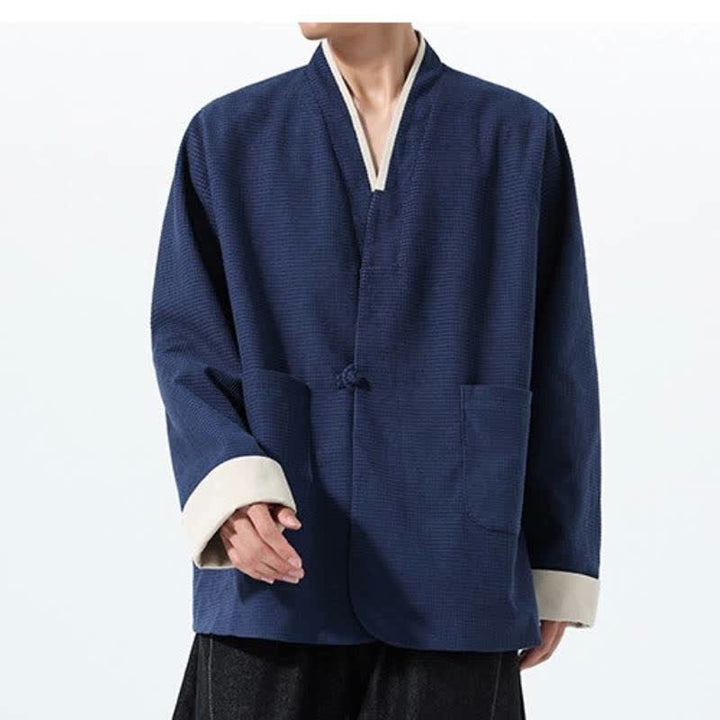 Buddha Stones Veste homme unie à col en V, style Tang, décontractée d'automne, avec poches - image 10