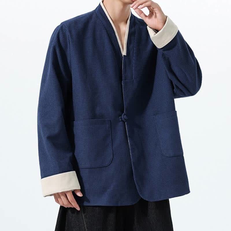 Buddha Stones Veste homme unie à col en V, style Tang, décontractée d'automne, avec poches - image 14
