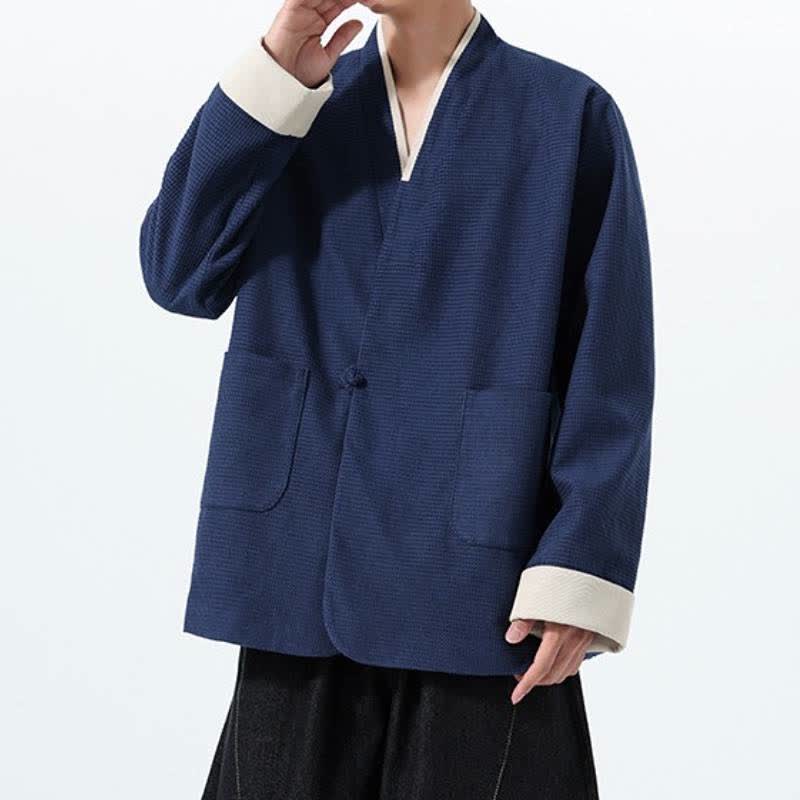 Buddha Stones Veste homme unie à col en V, style Tang, décontractée d'automne, avec poches - image 9