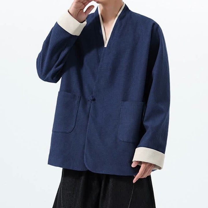 Buddha Stones Veste homme unie à col en V, style Tang, décontractée d'automne, avec poches - image 9