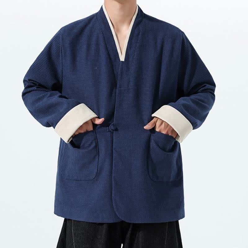 Buddha Stones Veste homme unie à col en V, style Tang, décontractée d'automne, avec poches - image 11