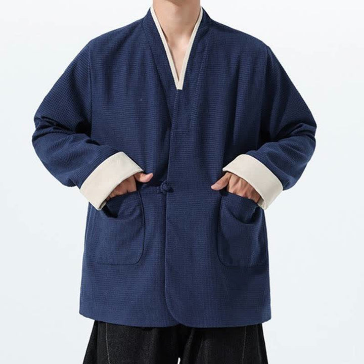 Buddha Stones Veste homme unie à col en V, style Tang, décontractée d'automne, avec poches - image 11