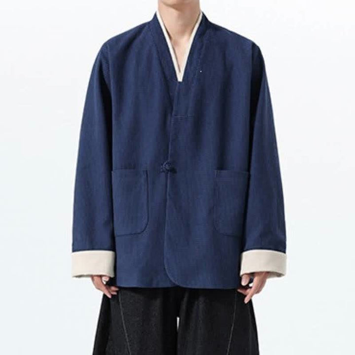 Buddha Stones Veste homme unie à col en V, style Tang, décontractée d'automne, avec poches - Bleu nuit - US/UK/AU46，EU56 (5XL) - image 8