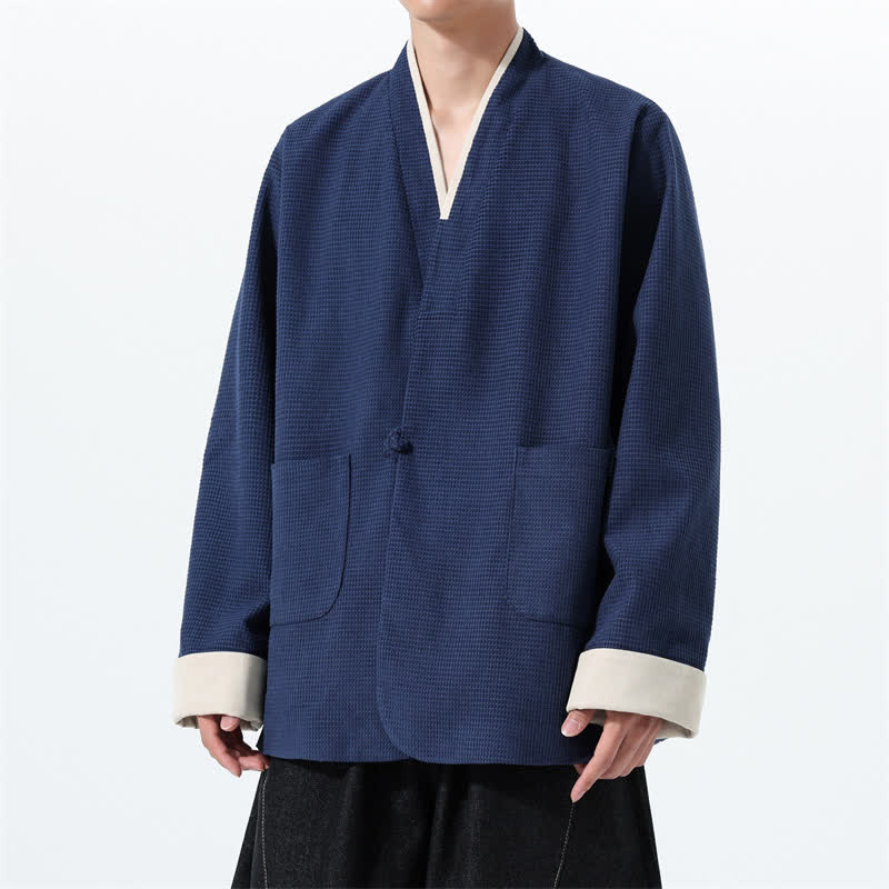 Buddha Stones Veste homme unie à col en V, style Tang, décontractée d'automne, avec poches - image 13