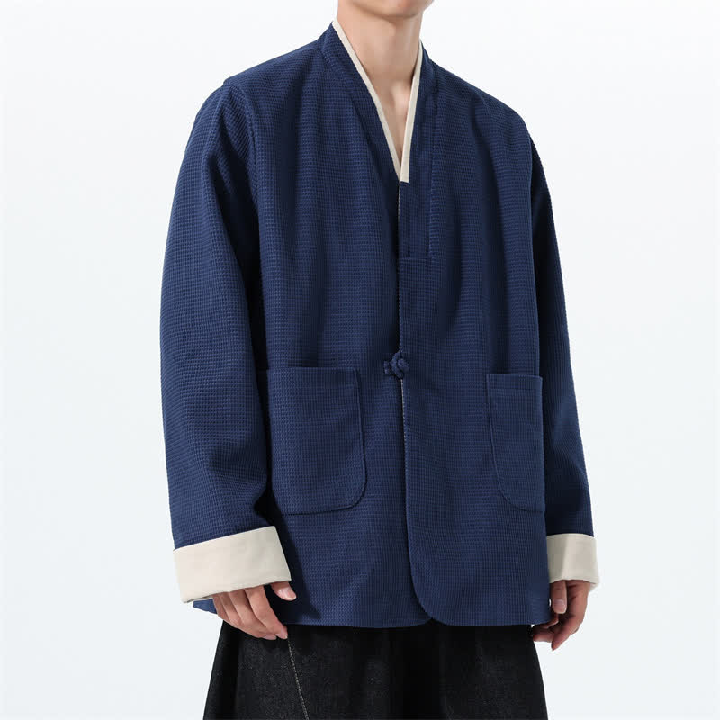 Buddha Stones Veste homme unie à col en V, style Tang, décontractée d'automne, avec poches - image 12
