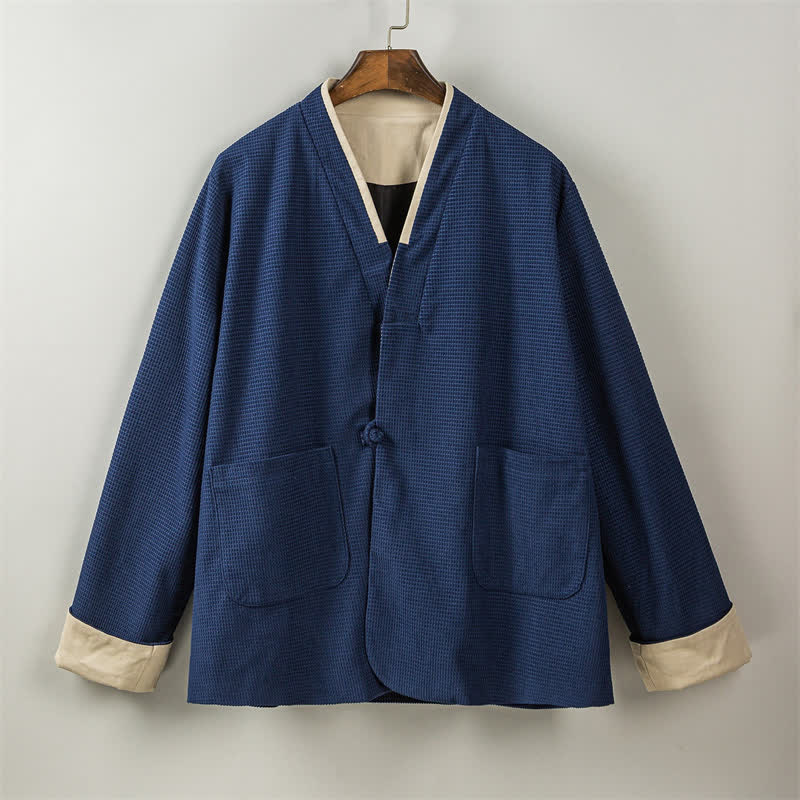 Buddha Stones Veste homme unie à col en V, style Tang, décontractée d'automne, avec poches - image 19