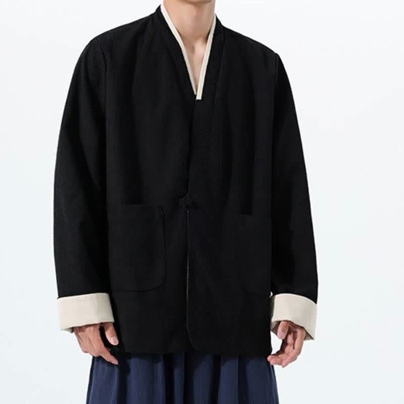 Buddha Stones Veste homme unie à col en V, style Tang, décontractée d'automne, avec poches - image 21