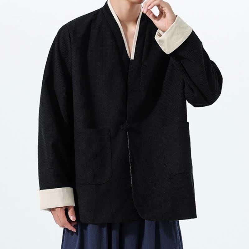 Buddha Stones Veste homme unie à col en V, style Tang, décontractée d'automne, avec poches - image 25