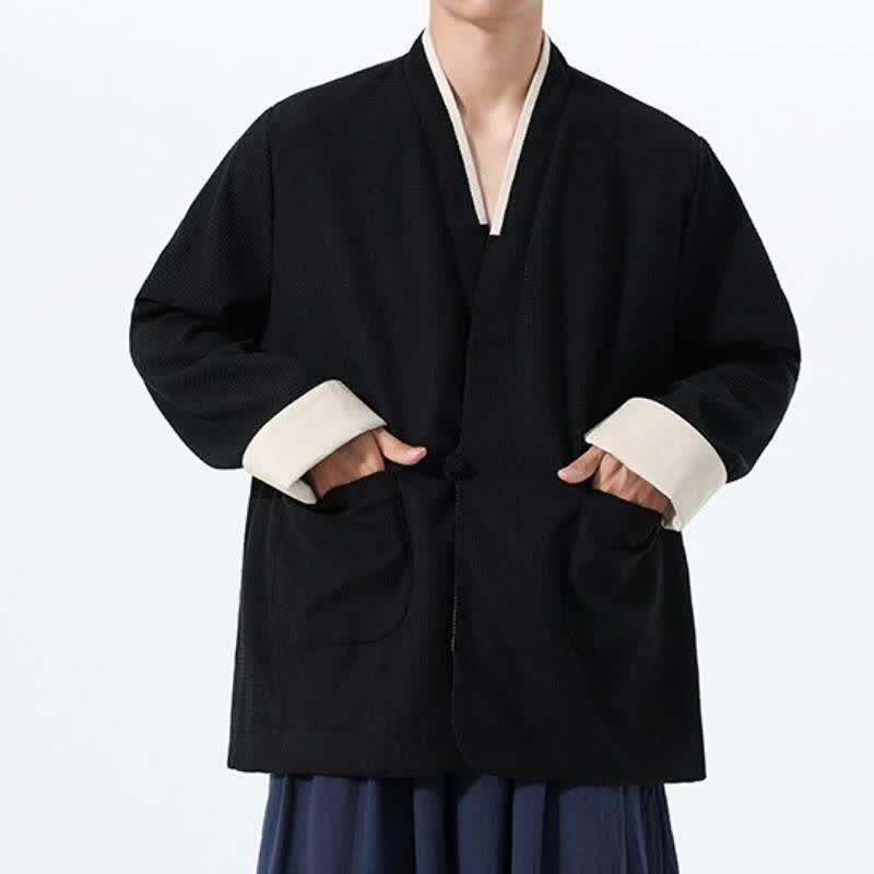 Buddha Stones Veste homme unie à col en V, style Tang, décontractée d'automne, avec poches - image 22