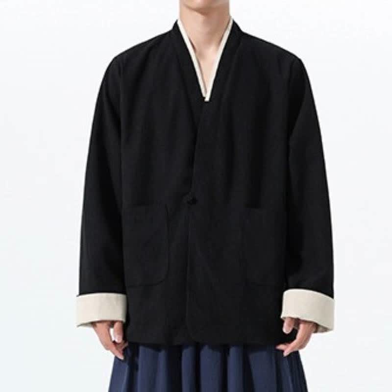 Buddha Stones Veste homme unie à col en V, style Tang, décontractée d'automne, avec poches - Noir - US/UK/AU46，EU56 (5XL) - image 20