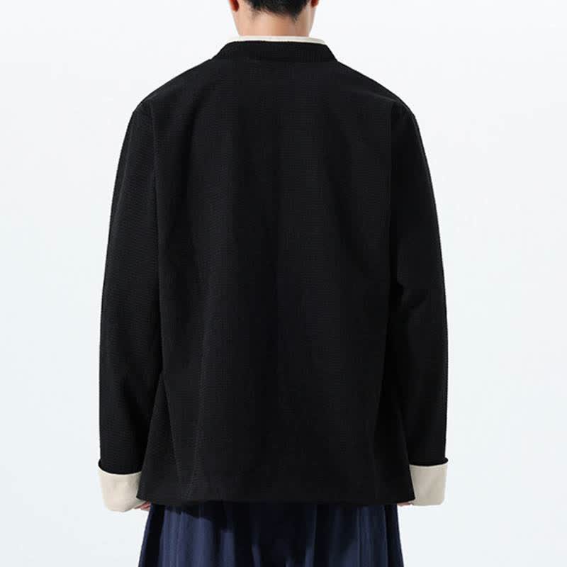 Buddha Stones Veste homme unie à col en V, style Tang, décontractée d'automne, avec poches - image 24
