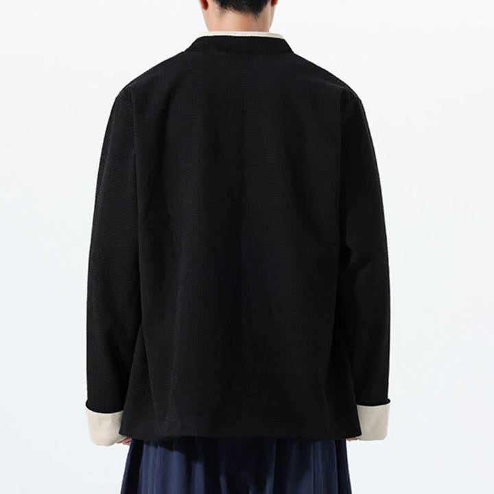 Buddha Stones Veste homme unie à col en V, style Tang, décontractée d'automne, avec poches - image 24