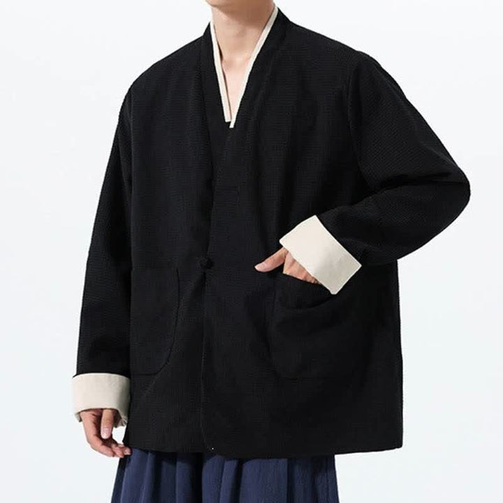 Buddha Stones Veste homme unie à col en V, style Tang, décontractée d'automne, avec poches - image 26