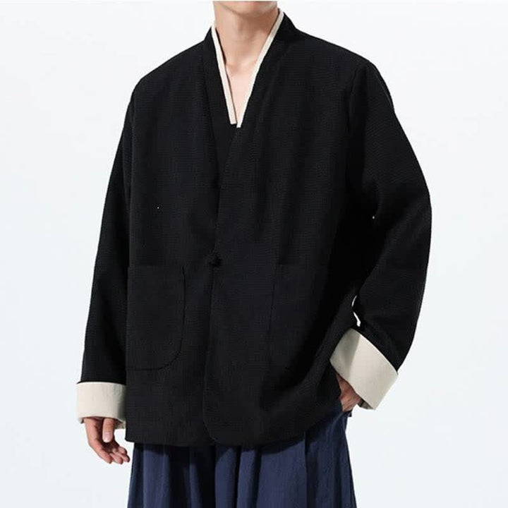 Buddha Stones Veste homme unie à col en V, style Tang, décontractée d'automne, avec poches - image 23