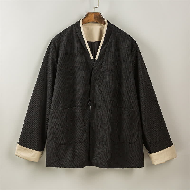 Buddha Stones Veste homme unie à col en V, style Tang, décontractée d'automne, avec poches - image 27