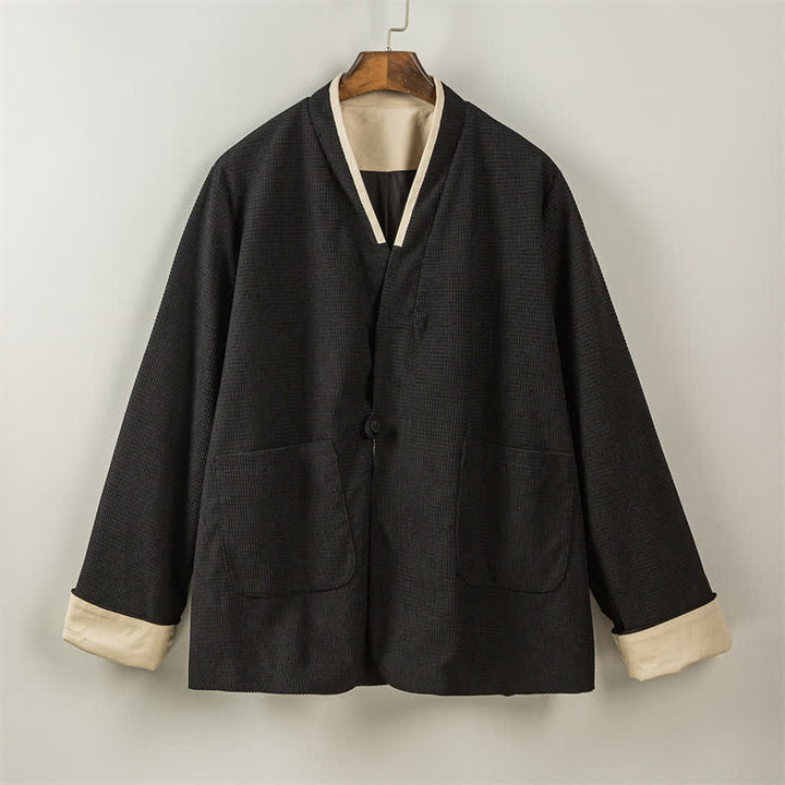 Buddha Stones Veste homme unie à col en V, style Tang, décontractée d'automne, avec poches - image 27