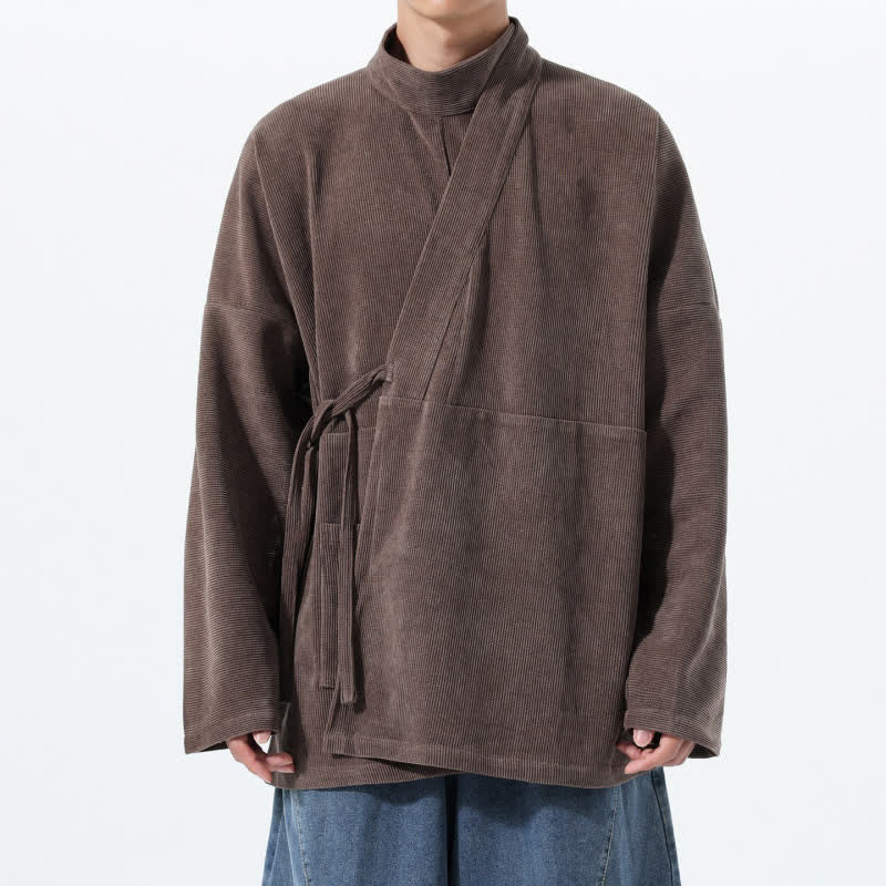 Buddha Stones Kimono homme uni style Tang, col mandarin, avec poche, idéal pour l'automne et l'hiver. - SaddleBrown - US/UK/AU46，EU56 (5XL) - image 0