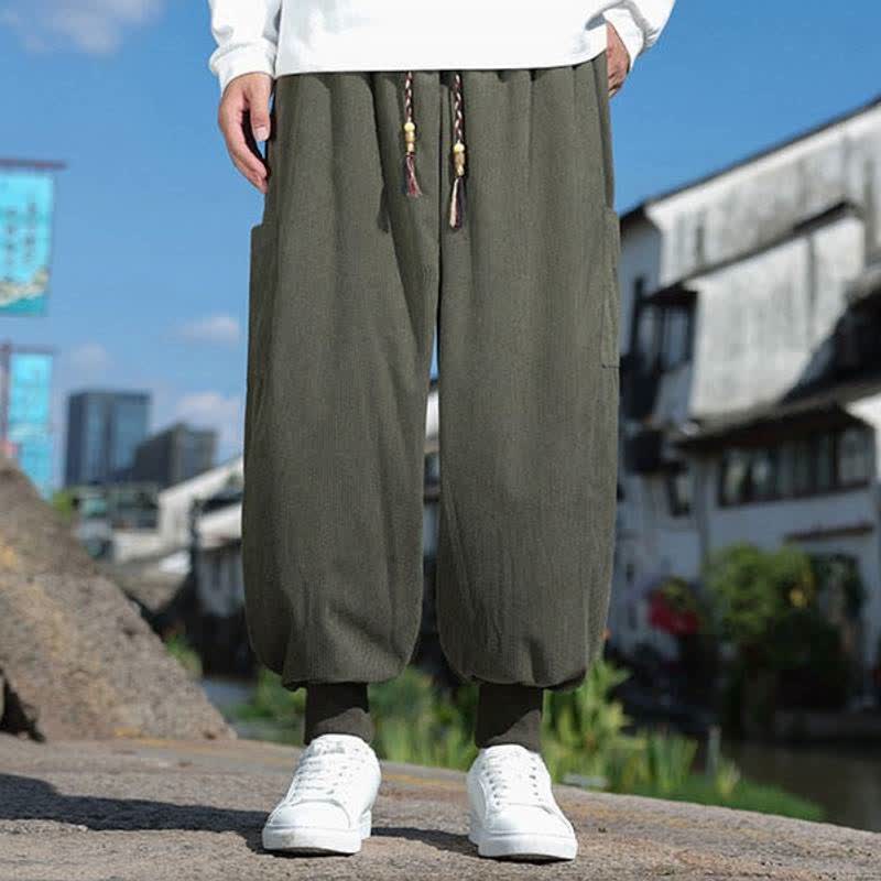 Buddha Stones Pantalon homme décontracté automne-hiver style vintage à cordon de serrage, coupe fuselée, avec poches - image 1