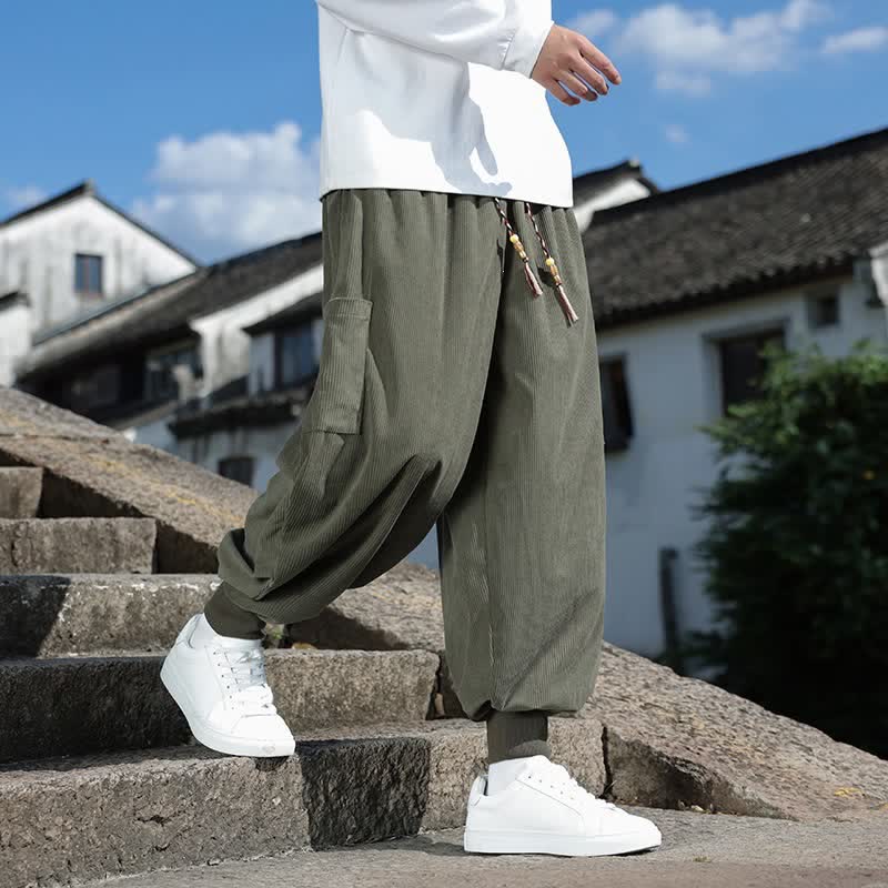 Buddha Stones Pantalon homme décontracté automne-hiver style vintage à cordon de serrage, coupe fuselée, avec poches - Vert olive - US/UK/AU46，EU56 (5XL) - image 0