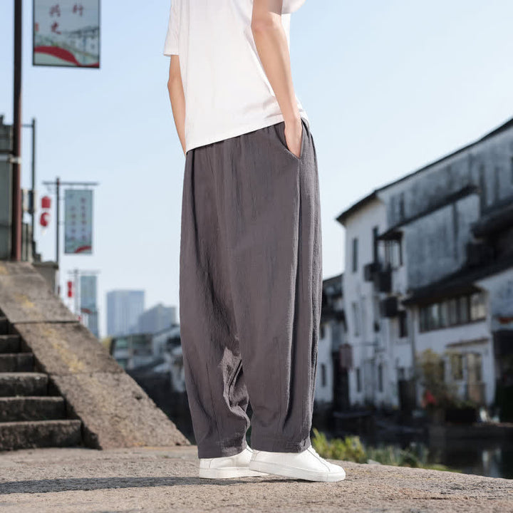 Buddha Stones Pantalon long uni style rétro décontracté printemps automne-été, coupe droite, avec poches - image 4