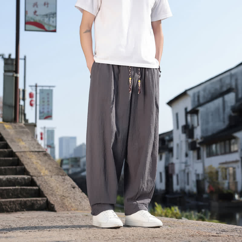 Buddha Stones Pantalon long uni style rétro décontracté printemps automne-été, coupe droite, avec poches - image 1
