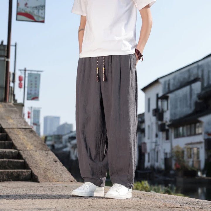 Buddha Stones Pantalon long uni style rétro décontracté printemps automne-été, coupe droite, avec poches - image 2