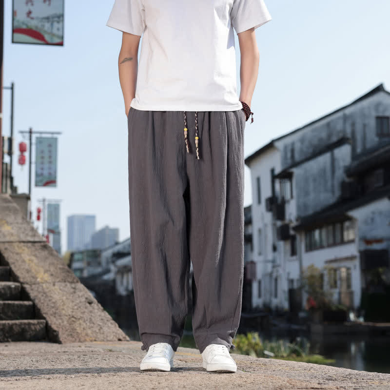 Buddha Stones Pantalon long uni style rétro décontracté printemps automne-été, coupe droite, avec poches - Gris sombre - US/UK/AU46，EU56 (5XL) - image 0