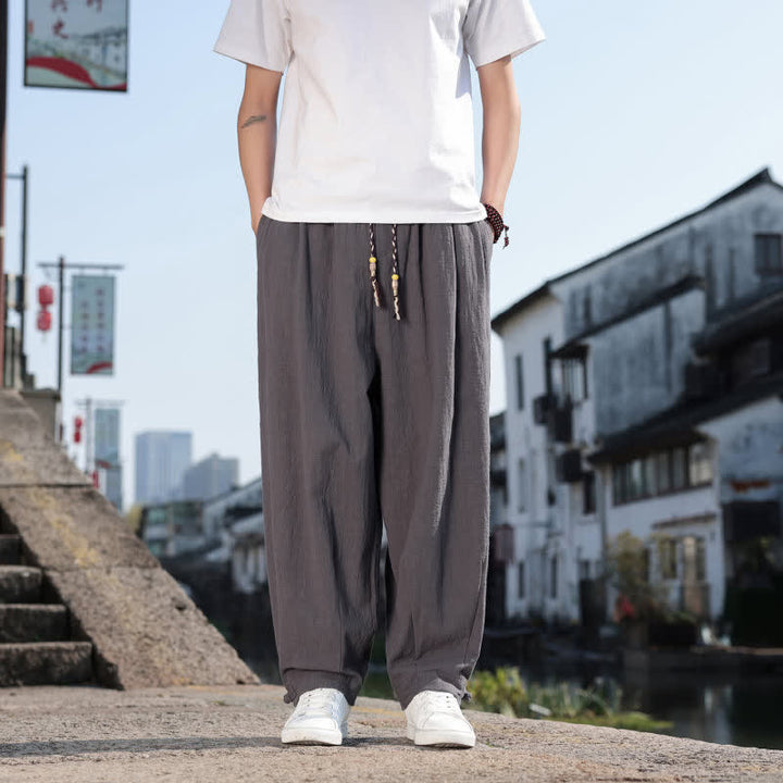 Buddha Stones Pantalon long uni style rétro décontracté printemps automne-été, coupe droite, avec poches - Gris sombre - US/UK/AU46，EU56 (5XL) - image 0