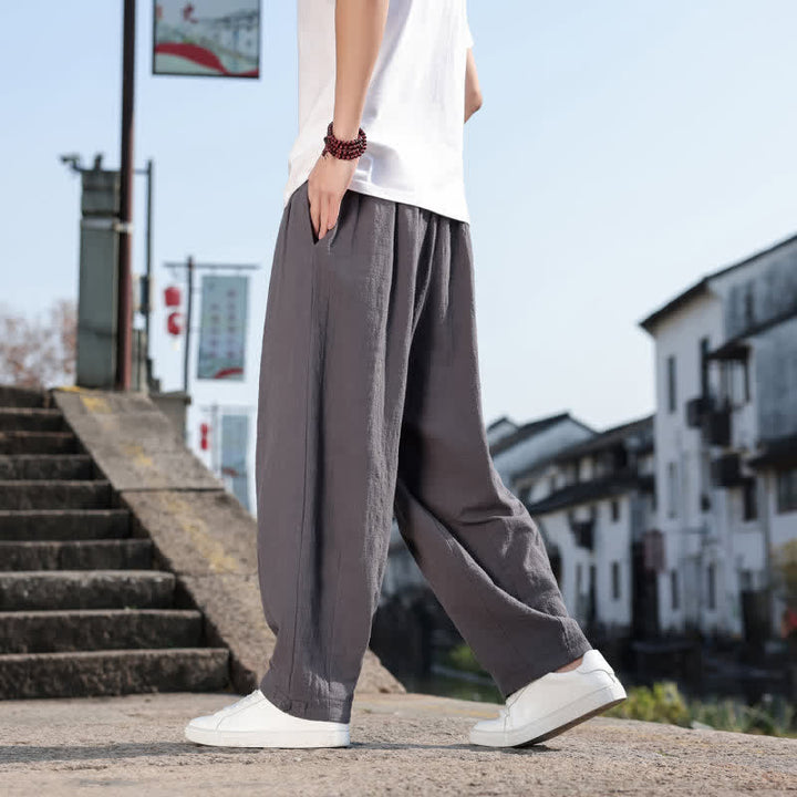 Buddha Stones Pantalon long uni style rétro décontracté printemps automne-été, coupe droite, avec poches - image 6