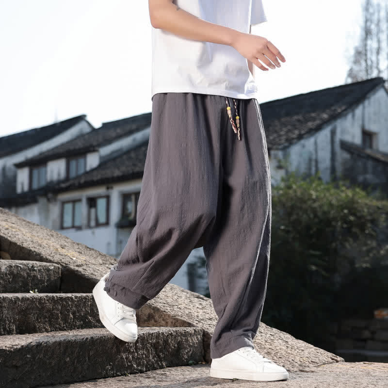 Buddha Stones Pantalon long uni style rétro décontracté printemps automne-été, coupe droite, avec poches - image 3